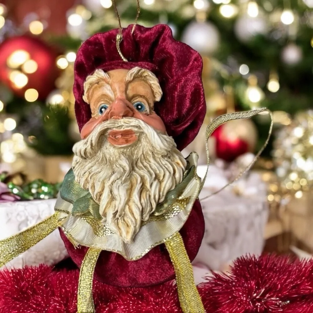 Santa Head Ornament Red Velvet Ceramic Jester? Baker? Big Eyes Gold Ribbon VTG